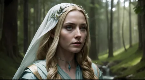 (galadriel character in the series "the lord of the rings: the rings of power"), como morfydd clark, auto retrato hiper-realista...