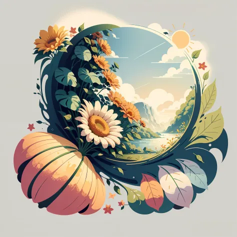 Sting：The sun is shining，flowers blooming，butterfliesdancing，It was as if the earth was shouting the arrival of spring。Mobile wallpaper illustration,Nature views, Minimalist illustration, Line illustration, Colorful。circular composition，Flat illustration。