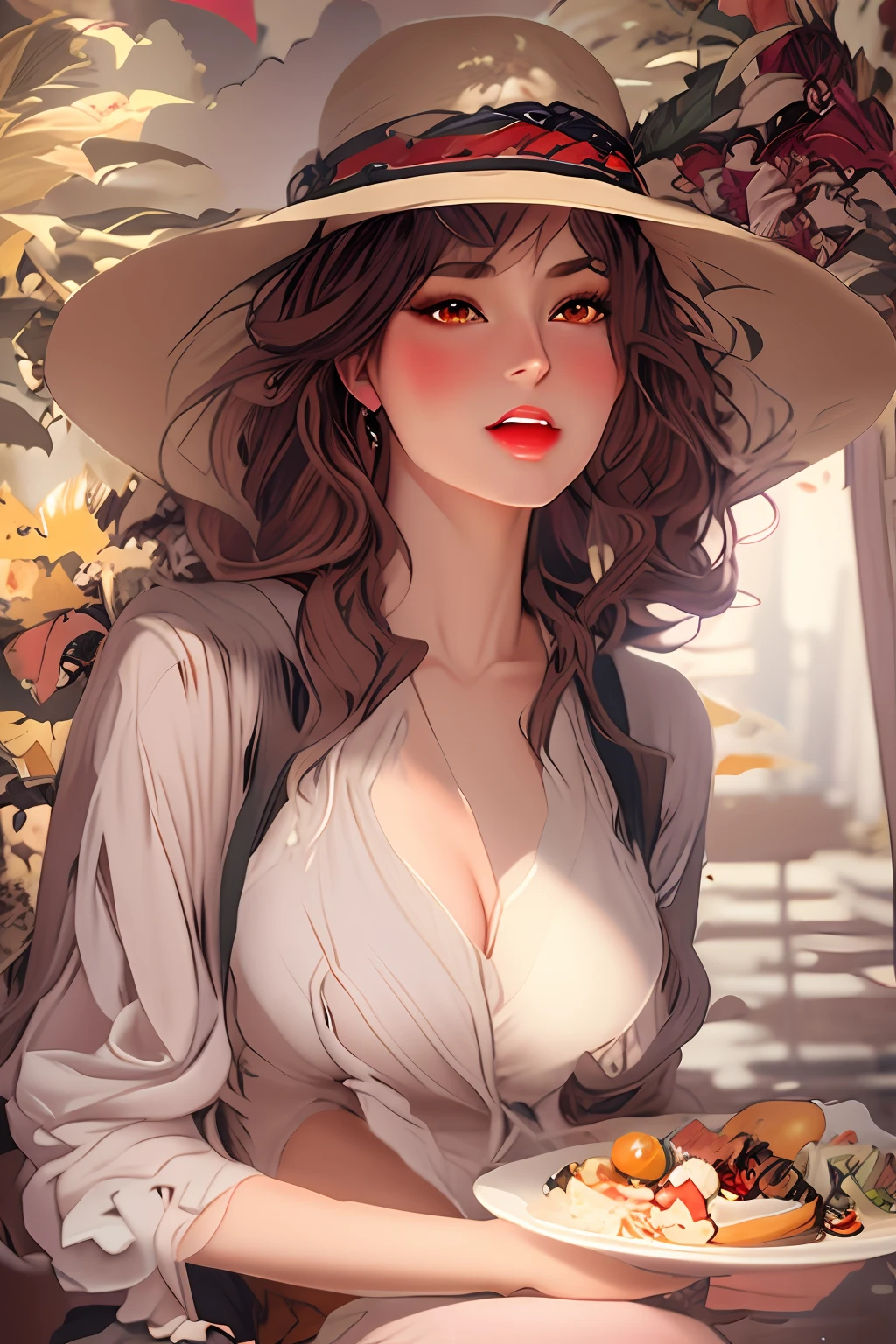 pintura de uma mulher de chapéu segurando um prato de comida, artwork in the style of Guweiz, Guweiz, no estilo artístico de bowater, pintado em estúdio de pintor de anime, Guweiz on pixiv artstation, Alphonse Mucha e Ross Draws, arte digital detalhada de anime, uma bela ilustração de arte, Guweiz on artstation pixiv