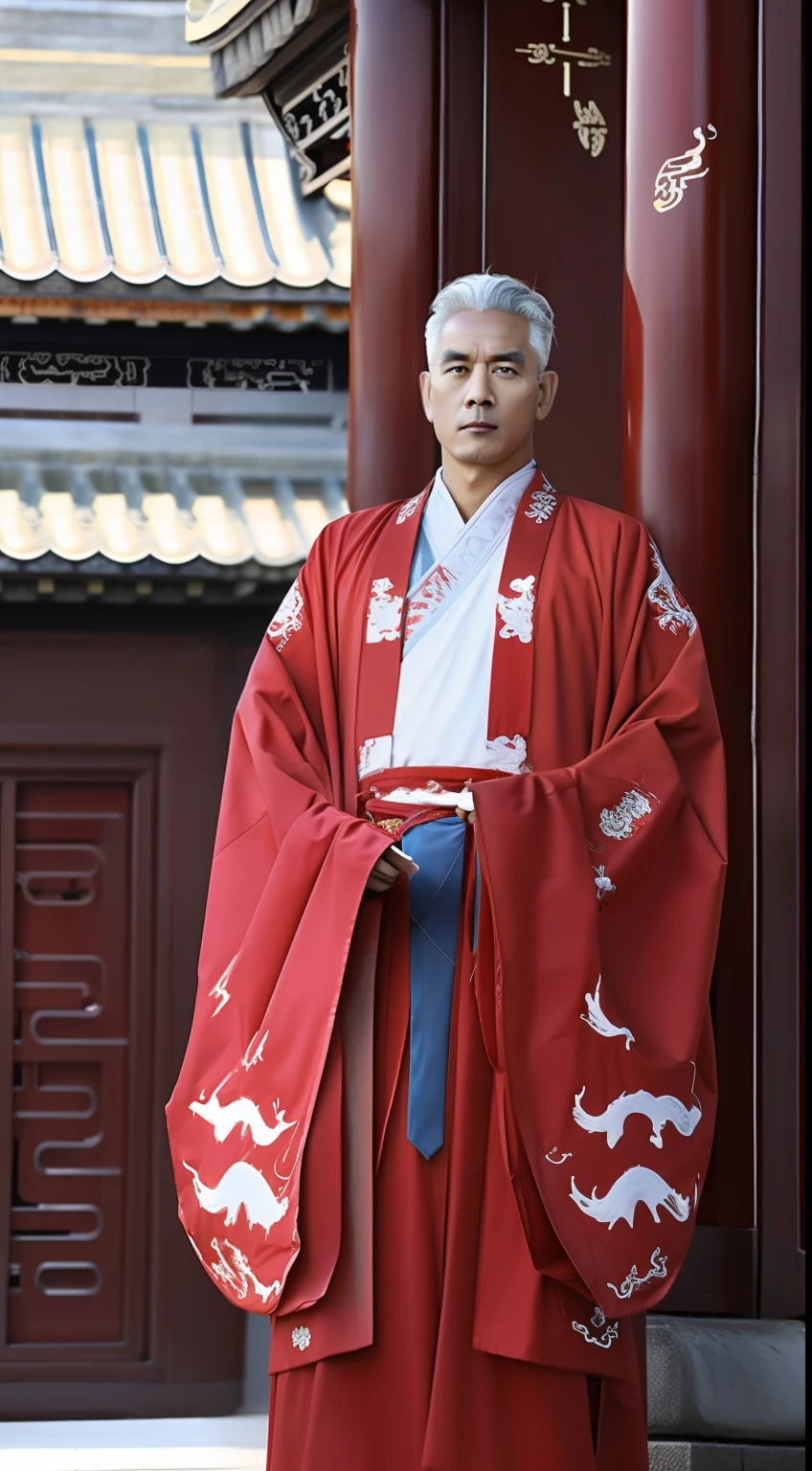 Masterpiece, Highest quality, (solofocus),, (High detail: 1.1),dojo，Red and yellow robes，The male， Man, chinese crown, 1 person,and white hair,Ultra-high resolution , Detailed background, realisticlying, wearing a detailed and intricate xianxia antique outfit