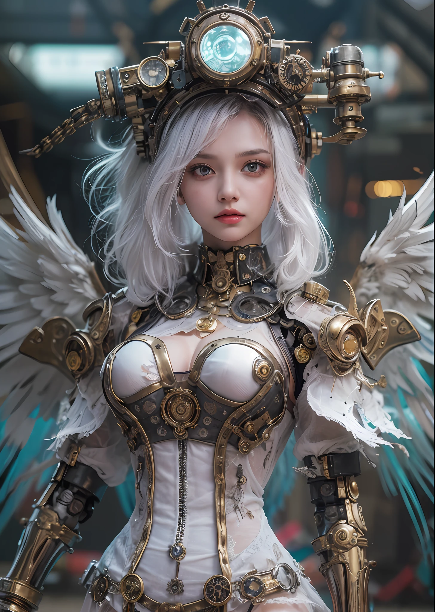 top-quality、​masterpiece、超A high resolution、(Photorealsitic:1.4)、Raw photo、Steampunk Cyborg Angel、large wings made of metal、White porcelain body、Acrylic Clear Cover、white  hair、glowy skin、1 steampunk girl、((super realistic details))、portlate、globalillumination、Shadow、octan render、8K、ultrasharp、character edge light,Colossal tits、Raw skin is exposed in cleavage、Details of complex ornaments、Details of the steam engine、Hydraulic cylinder、Small LED lamp、highly intricate detail、Realistic light、a purple eye、radiant eyes、Facing the camera、neon details、cowboy  shot、Futuristic headgear、The background is a steampunk city、、