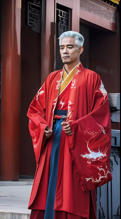 Masterpiece, Highest quality, (solofocus),, (High detail: 1.1),dojo，Red and yellow robes，The male， Man, chinese crown, 1人,and wh...
