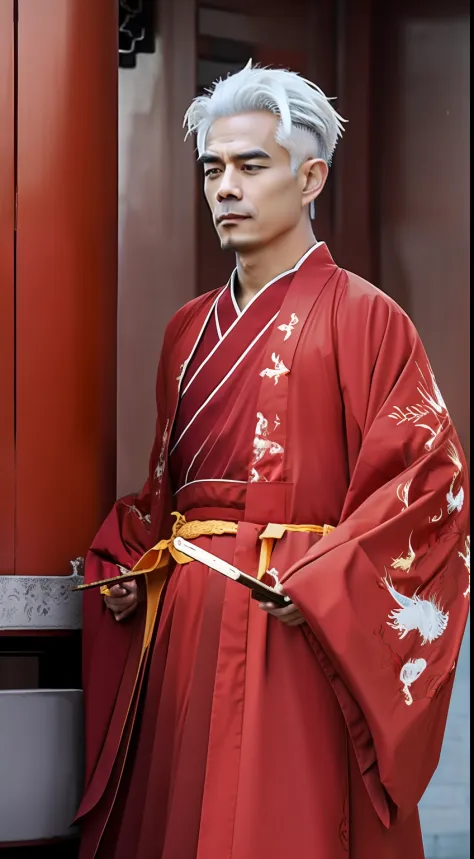 Masterpiece, Highest quality, (solofocus),, (High detail: 1.1),dojo，Red and yellow robes，The male， Man, chinese crown, 1人,and wh...