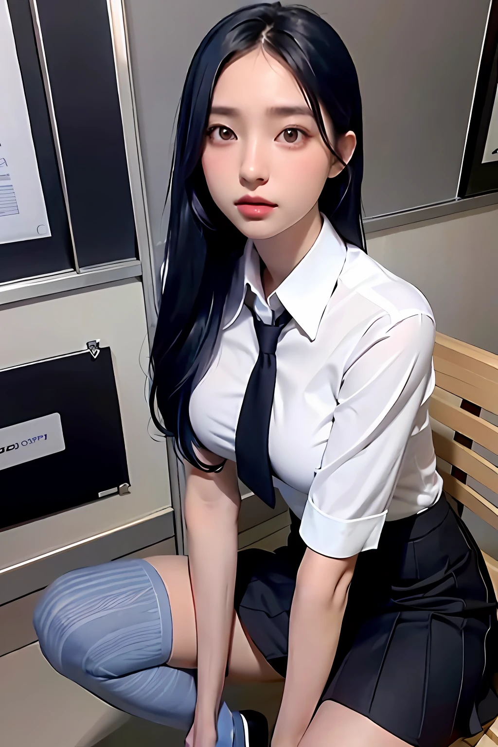 Knee-high socks, over-kneehighs, business suit, skirt suit, photorealistic, high resolution, one girl, black hair, korean, heterochromic eyes, small moles under eyes, big breasts, blue hair, office