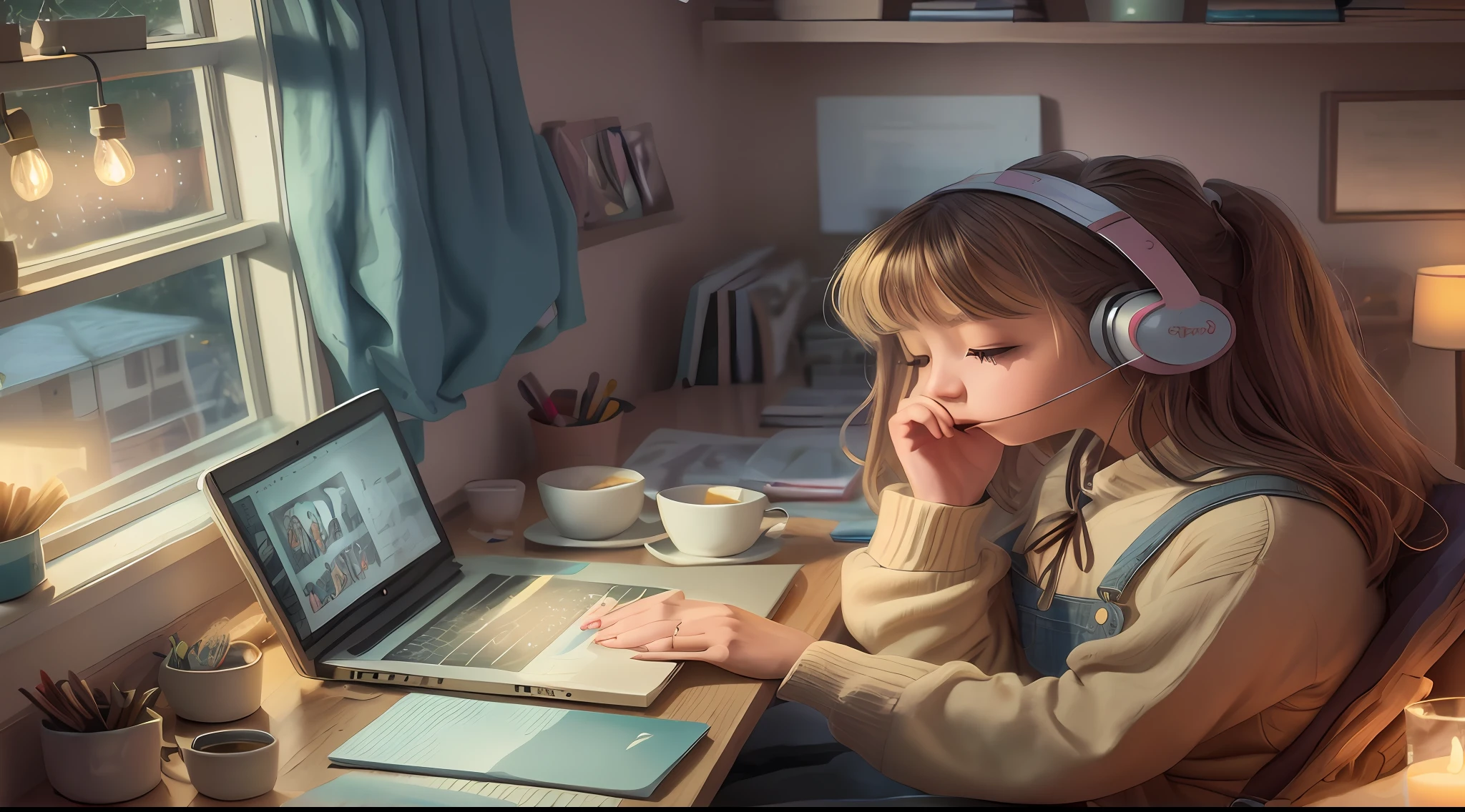 There's a blonde-haired girl, sitting at a table with a laptop, eyes open and headphones without microphone, candle lighting, painting digital adorable, bela digitl art, digitl art detalhada bonito, menina praise, lofi portrait, Art not Guweiz style, beautiful illustration digital, realistic beautiful painting, bela digitl art, digitl art, studying in the room