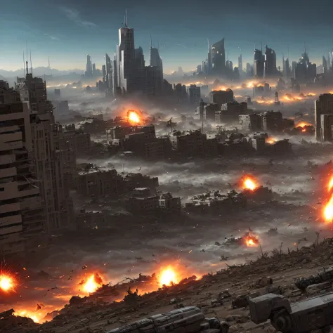 "((Epic, Cinematic)) saviors of humanity engaging in fierce duels against extraterrestrial invaders amidst the rubble of a post-apocalyptic cityscape, with their weapons unleashing devastating explosive rounds, dust and debris getting thrown up in the mids...
