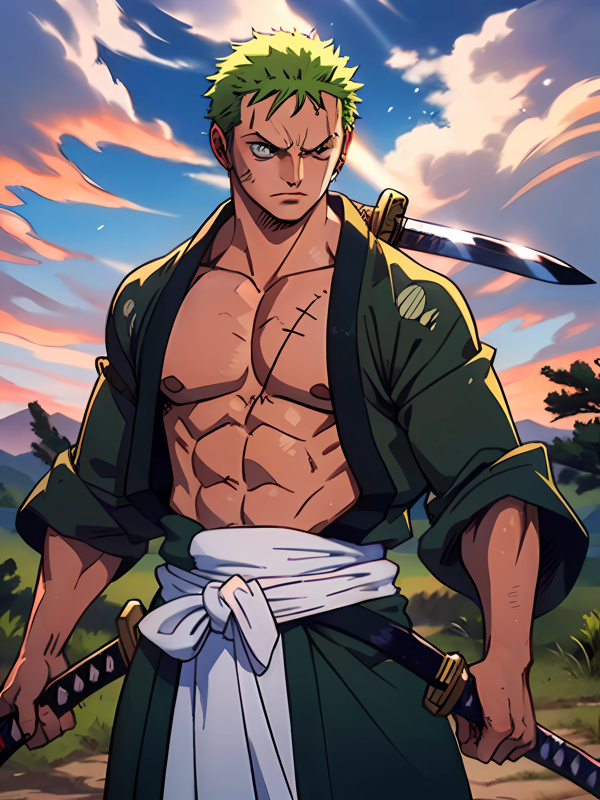 roronoa zoro (걸작, 4K 해상도, 초현실적, 매우 상세한), (백색 사무라이의 테마, 카리스마 넘치는, 일본인 옆에 검객이 있다 "타다" 술집, 구름 디테일이 있는 파란색 기모노를 입고 "마음" 길, 무기와라 부대 리더의 제1부대장이다., 일하다 "한 조각"), [ ((19 년), (짧은 녹색 머리:1.2),  전신, (파란 눈:1.2), ((roronoa zoro's pose), 힘의 과시, 한 손으로 그의 카타나 엔마를 풀다), ((일본 농촌 환경):0.8)| (시골 풍경, 황혼에, 동적 조명), (눈먼 태양)), 카타나 1개]. # 설명: 프롬프트는 주로 초고화질 4K 페인팅을 설명합니다., 매우 현실적이다, 매우 상세한. 검객을 보여주네요, 산토류 스타일의 카타나의 대가, 허리 밴드에 구름 디테일이 있는 파란색 기모노를 입었습니다.. 그림 속 인물은 백검객의 인물이다., 한 손으로 검은 카타나 엔마를 들고, the male protagonist has 짧은 녹색 머리, is 19 년 old and his entire defined body is shown in the painting, 펌핑된 내배엽형의 특성을 지닌.