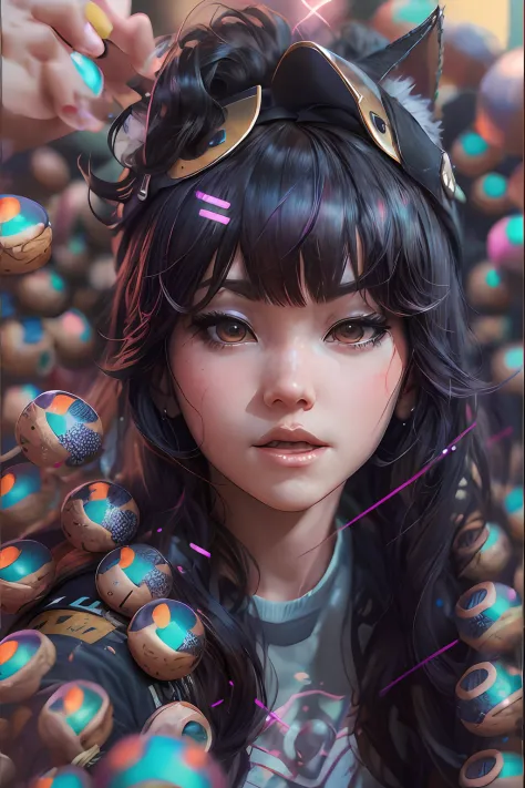 anime girl with cat ears and a cat earband surrounded by donuts, ross tran 8 k, beeple and jeremiah ketner, artgerm julie bell b...