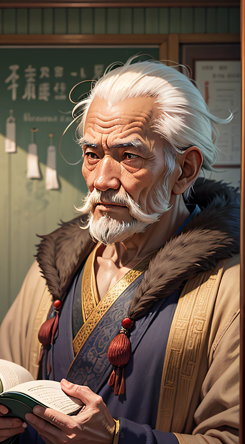 Oriental old man, vicissitudes, bronzed skin, sage, wise old man, real, robed, holding a book, looking straight ahead, front