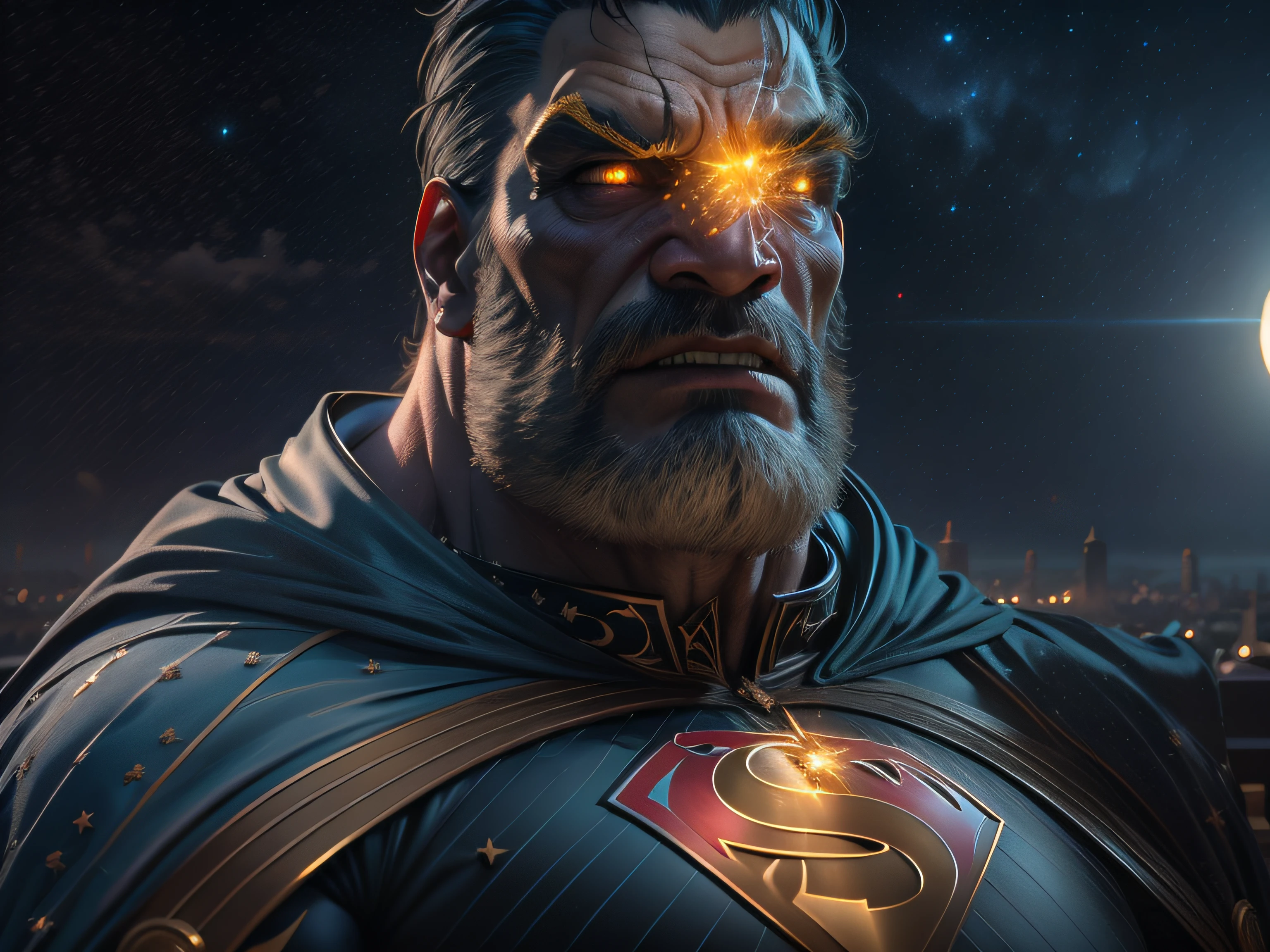 Closeup on a menacing and powerful Hommer Simpson dressed as Superman in an imposing appearance, menacing stare, ricamente detalhado, Hiper realista, 3D-rendering, obra-prima, NVIDIA, RTX, ray-traced, Bokeh, Night sky with a huge and beautiful full moon, estrelas brilhando,