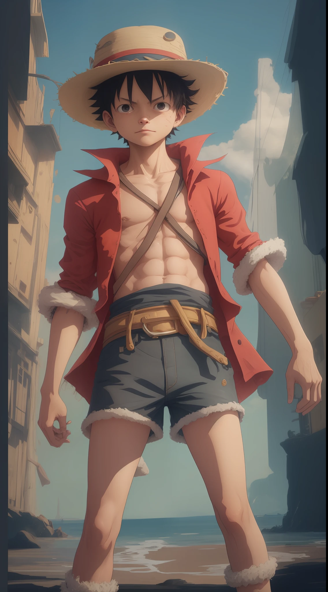 Luffy has black shaggy hair, round black eyes, and a slim muscular build. He is renowned for his trademark straw hat, which was lent to him when he was young by the legendary pirate captain, "Red-Haired" Shanks,[35] who in turn received it from Gol D. Roger.[43] Luffy wears an open, long-sleeved red cardigan with four buttons, with a yellow sash tied around his waist (somewhat reminiscent of Gol D. Roger's outfit). Luffy also has a (scar underneath his left eye), which he earned as a  by stabbing his face to show Shanks that he was tough enough to be a pirate.[44]