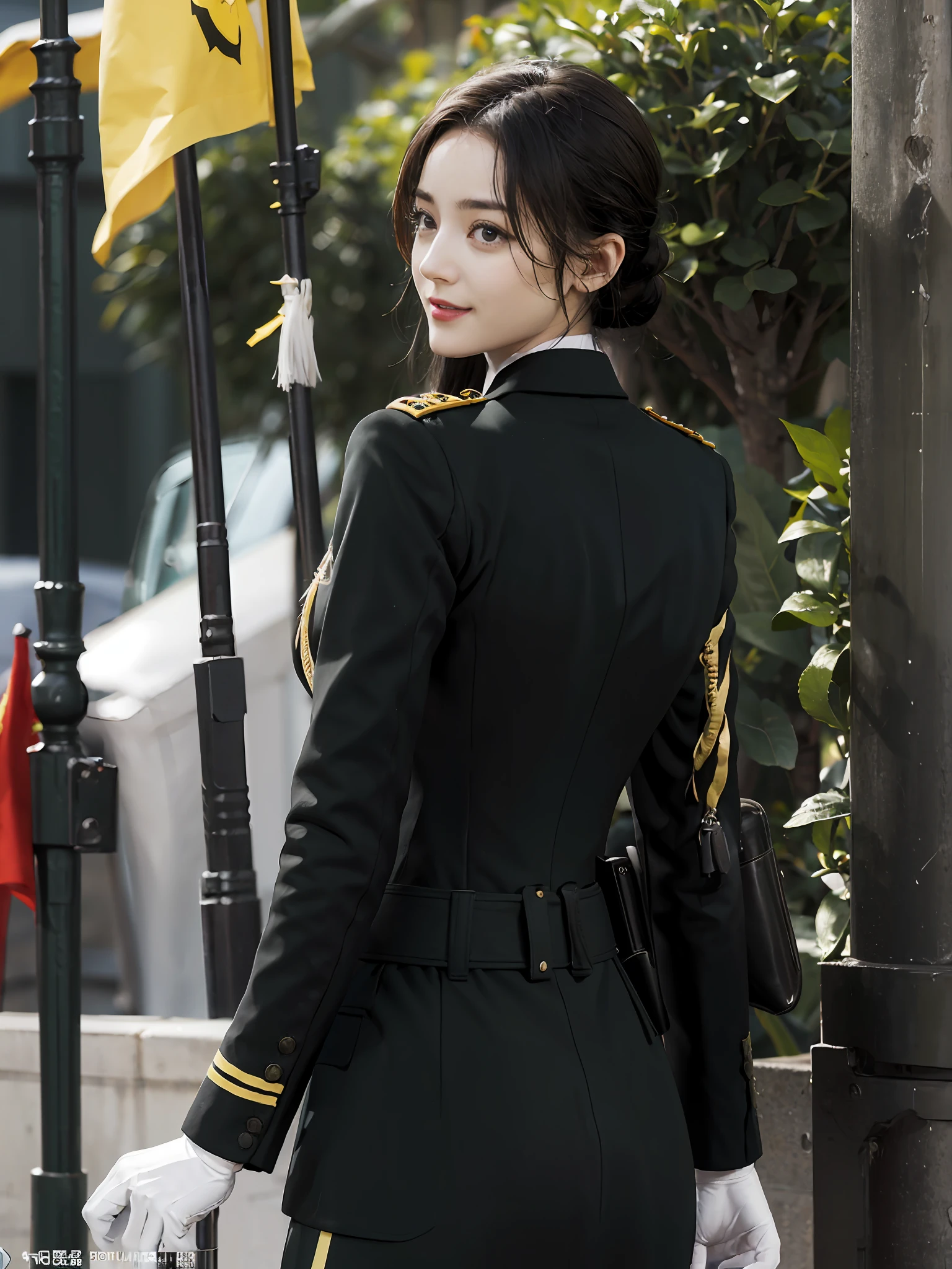 Very detailed CG unity 8K wallpaper，（tmasterpiece），（best qualtiy），（ultra - detailed），（Ultra photo realsisim），（best character detail：1.36），Nikon D750 f / 1.4 55mm，profesional lighting， physically-based renderingt, 1girll, Female soldier，army suit，Green military uniform，Fabric texture military uniform，Pure white lining，Dark green tie，Black hair，the golden ratio,[:(com rosto detalhado:1.2):0.2]:,PureErosFace_V1, broad shoulder,(Bigchest:1.5),(big assa:1.5)，（stick out your butt：1.5），Soaked with sweat，red flags，Splendid scenery，bright sun，Flag of China，A bright smile，White teeth，lighting，Contre-Jour，From behind，looking at viewert，