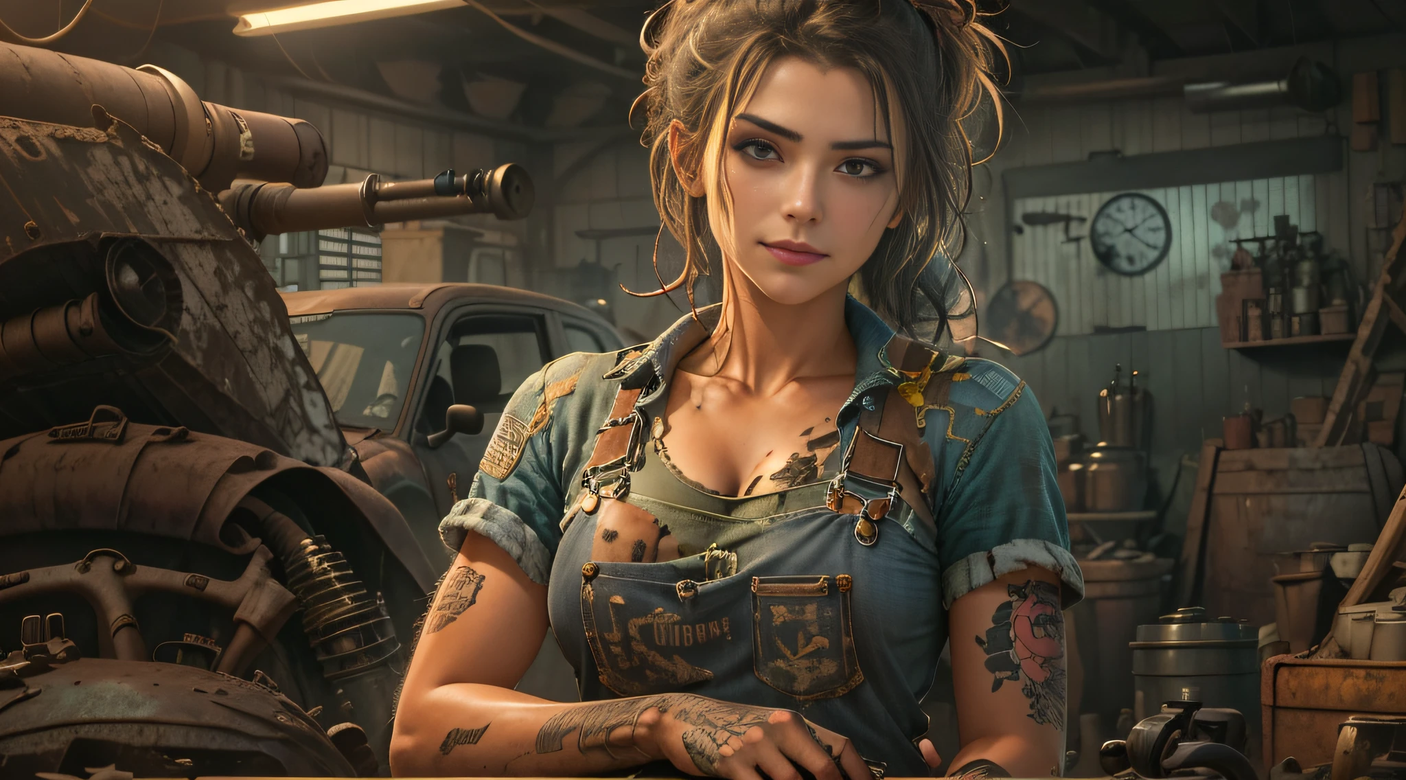 ((best quality)), ((masterpiece)), (detailed), mesmerizing and alluring female mechanic covered in grease,Confident smile，Look into the camera，(Dirty and rugged charm:1.2), (tough and confident demeanor:1.1), (mechanical expertise:1.3), disheveled hair, smudged face with a playful smirk, stained overalls clinging to her curves, (gritty tools of the trade:1.2), cluttered repair shop, scattered car parts, (authentic automotive ambiance:1.2), (intense gaze:1.1), gripping a wrench in her dirty hands, 8k resolution,looking at another, looking away,( tattoo:1.2), masterpiece, best quality,Photorealistic, ultra-high resolution, photographic light