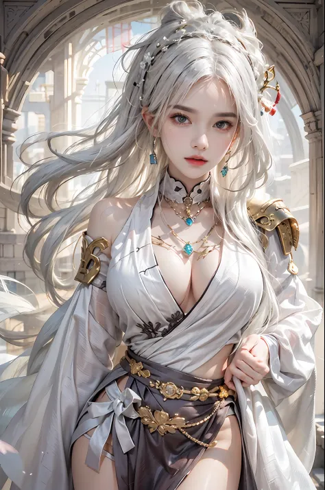 photorealistic, high resolution, 1women, solo, hips up, look at viewer, (detailed face), narrow waist, closed lips, white hair, long hair, ganyu costume, genshin impact, jewelry