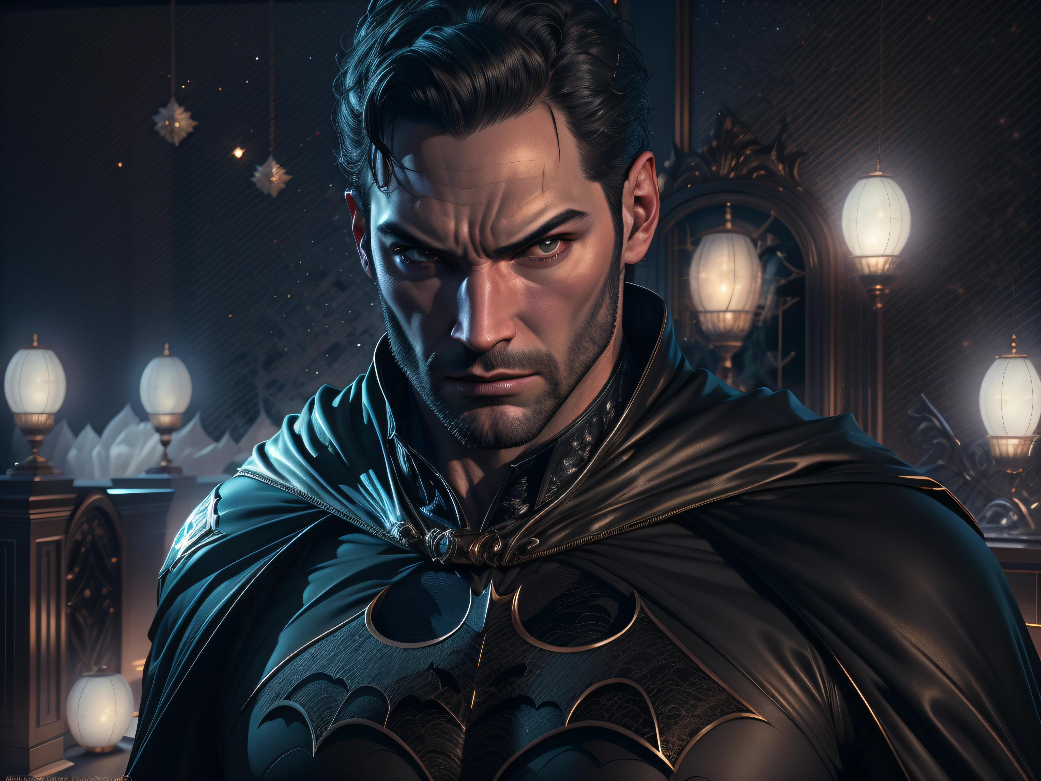 Nahaufnahme eines bedrohlichen und mächtigen Tom Ellis, der als Batman verkleidet ist und ein imposantes Erscheinungsbild aufweist, bedrohlicher Blick, reichhaltig detailliert, Hyperrealistisch, 3D-Rendering, erstes Werk, NVIDIA, RTX, Raytracing, Bokeh, Nachthimmel mit einem riesigen und wunderschönen Vollmond, leuchtende Sterne,