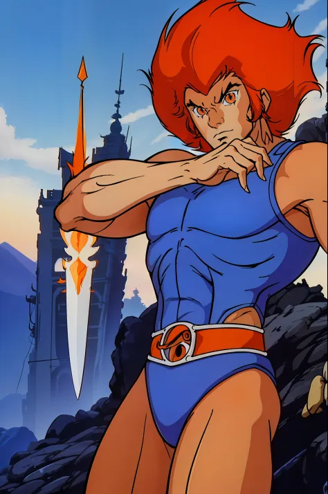 (1man), solo, Image of Lion-O from Thundercats, "Sword of Omens" on face Pose, liono, orange hair, blue leotard, high detailed, iconic Sword of Omens, Color Grading, Perfect Cel Shading, HDR, 80's, retro, anime
