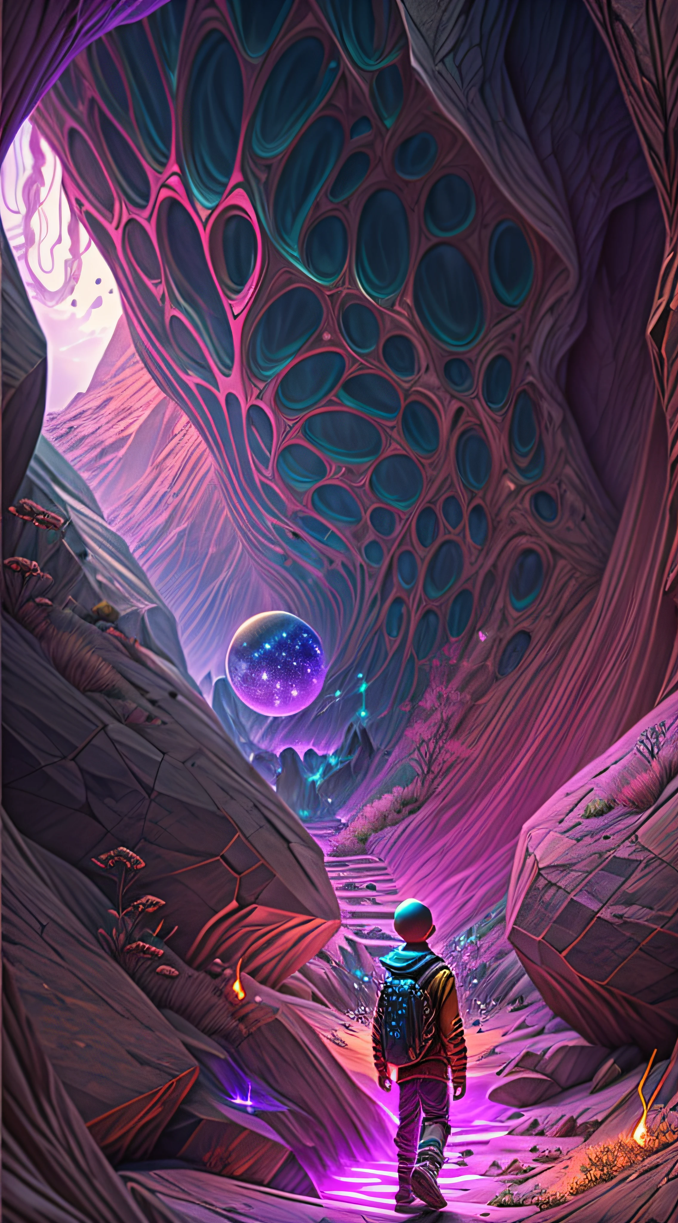 Realistic scene of a boy walking on a Mysterious path in a cave looking at a Portal , concept art inspired by Beeple, trending on Artstation, conceptual art, 3 d render beeple, beeple masterpiece, beeple rendering, beeple artwork, artgem and beeple masterpiece, in style of beeple, beeple art, beeple daily art, Designed by Nalisten for Realverse, Draw a young caramel skin Male with bald Hair, Walking inside a Huge mountain cave on a Mysterious path floating in the middle of Huge Cave mountain Opening  Leading to a Portal an alternate Dimension , turn his back on viewers , from behind , surrounded by Colorful shiny Crystals Glisstening and sparkling in the camera and  energy Orbs glowing with fiery auras BREAK Dramatic lighting from distant SHooting stars Glistening like Diamonds illuminates the scene, casting deep shadows on the Clothing wearing streetwear Gucci Mink Designer Outfit, looking at the Portal and mysterious Contrasting colors on the other side with wonder and Awe with curiosity ,BREAK,Detailed,Realistic,4k highly detailed digital art,octane render, bioluminescent, BREAK 8K resolution concept art, realism,by Mappa studios,masterpiece,best quality,official art,illustration,ligne claire,(cool_color),perfect composition,absurdres, fantasy,focused,rule of thirds