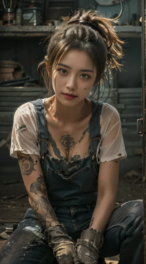 ((best quality)), ((masterpiece)), (detailed), mesmerizing and alluring female mechanic covered in grease,Confident smile，Look into the camera，(Dirty and rugged charm:1.2), (tough and confident demeanor:1.1), (mechanical expertise:1.3), disheveled hair, sm...