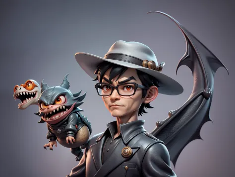 Young man with oriental face in leather hat, dragon, formal suit, short black hair, silver glasses, digital painting, 3D character design by Mark Clairedon and Pixar and Hayao Miyazaki and Akira Toriyama, the illustration is a high-definition illustration ...