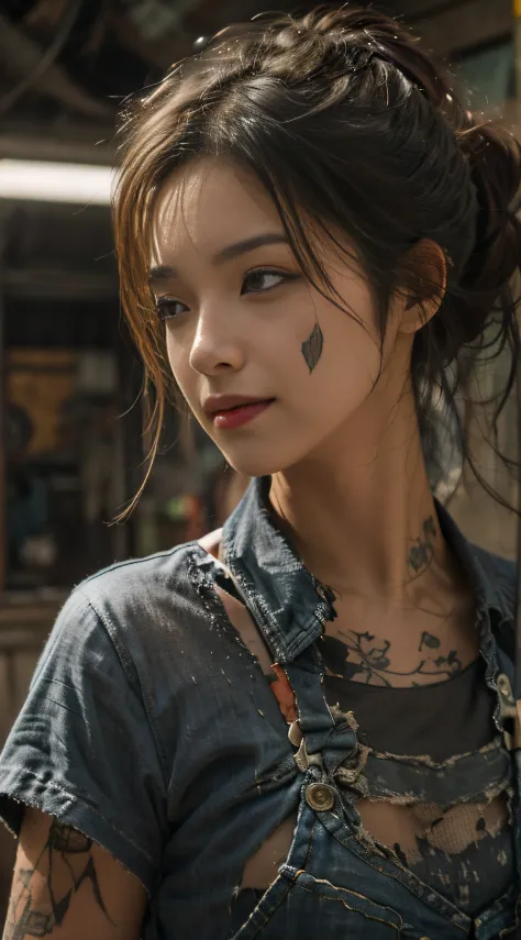 ((best quality)), ((masterpiece)), (detailed), mesmerizing and alluring female mechanic covered in grease,Confident smile，Look into the camera，(Dirty and rugged charm:1.2), (tough and confident demeanor:1.1), (mechanical expertise:1.3), disheveled hair, sm...