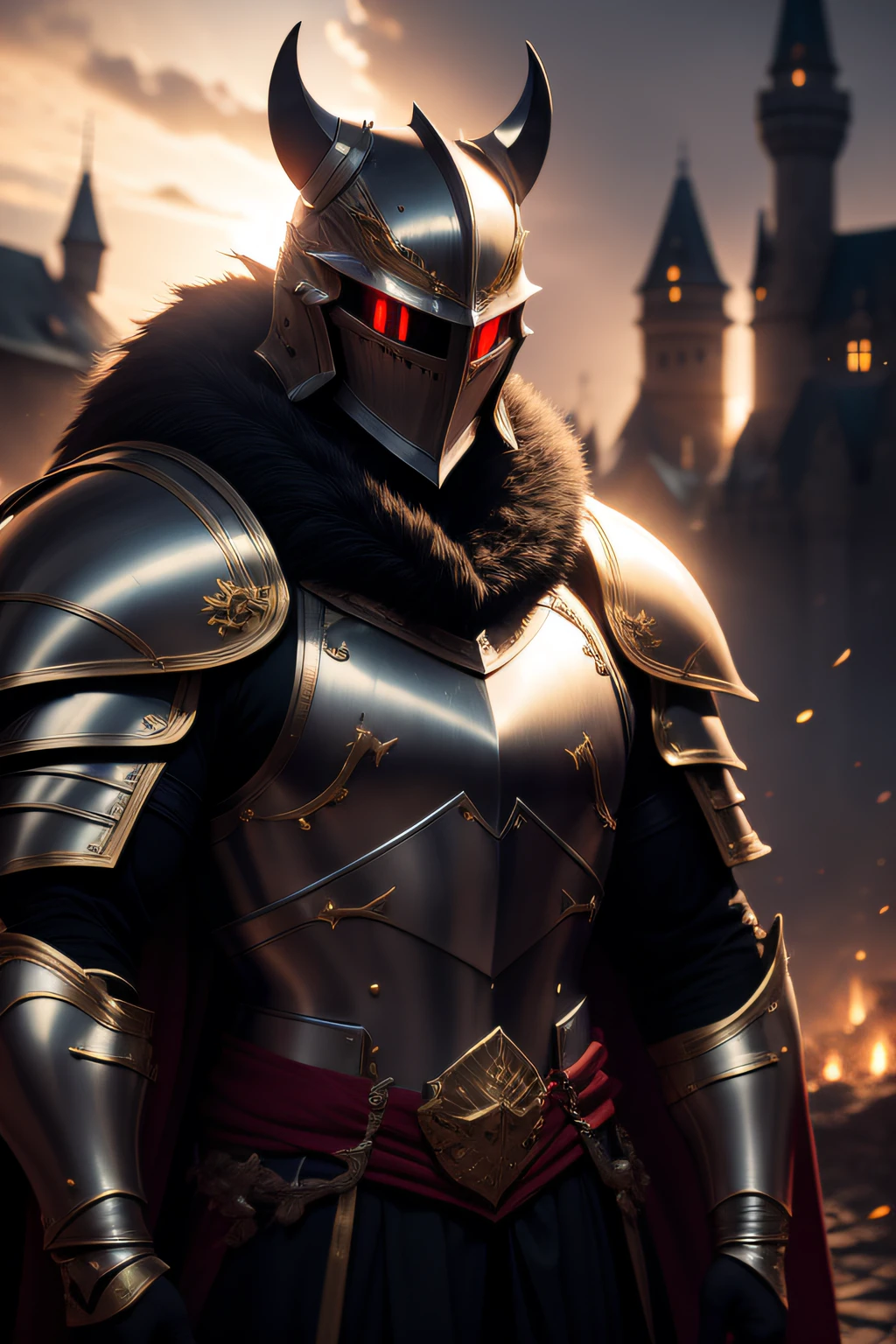 man, knight, red eyes behind the mask, big heavy black armor with golden parts, fur cape, evening, castle on background, atmospheric, mist, best quality masterpiece, photorealistic, detailed, 8k, HDR, shallow depth of field, broad light, high contrast, backlighting, bloom, light sparkles, chromatic aberration, sharp focus, RAW color photo, volumetric lightning, gothic,