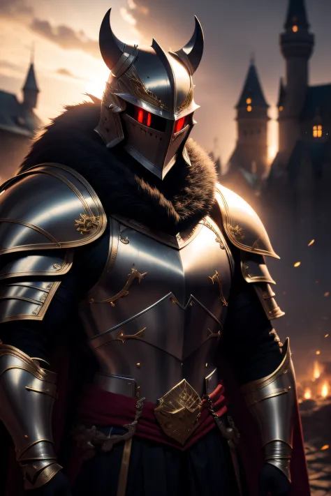 man, knight, red eyes behind the mask, big heavy black armor with golden parts, fur cape, evening, castle on background, atmosph...