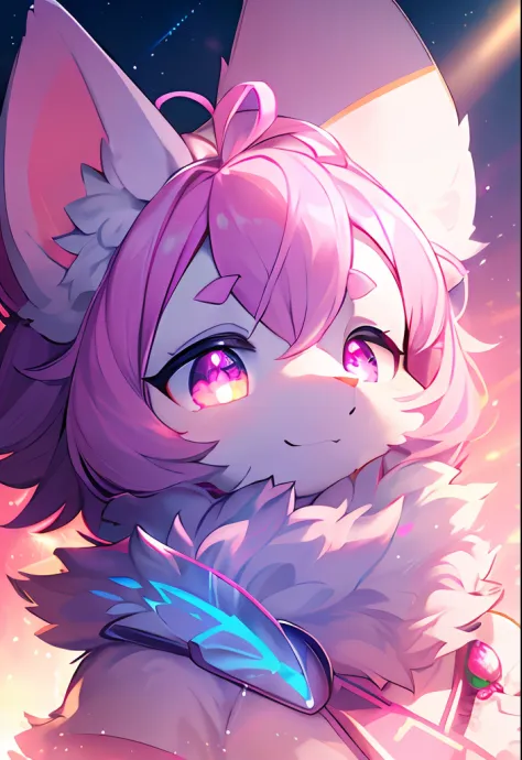 hairy pubic，White fur，hyper cute face，rays of sunshine，Glowing light blue elements on fur，Pink elements on fur Beautiful lights ...