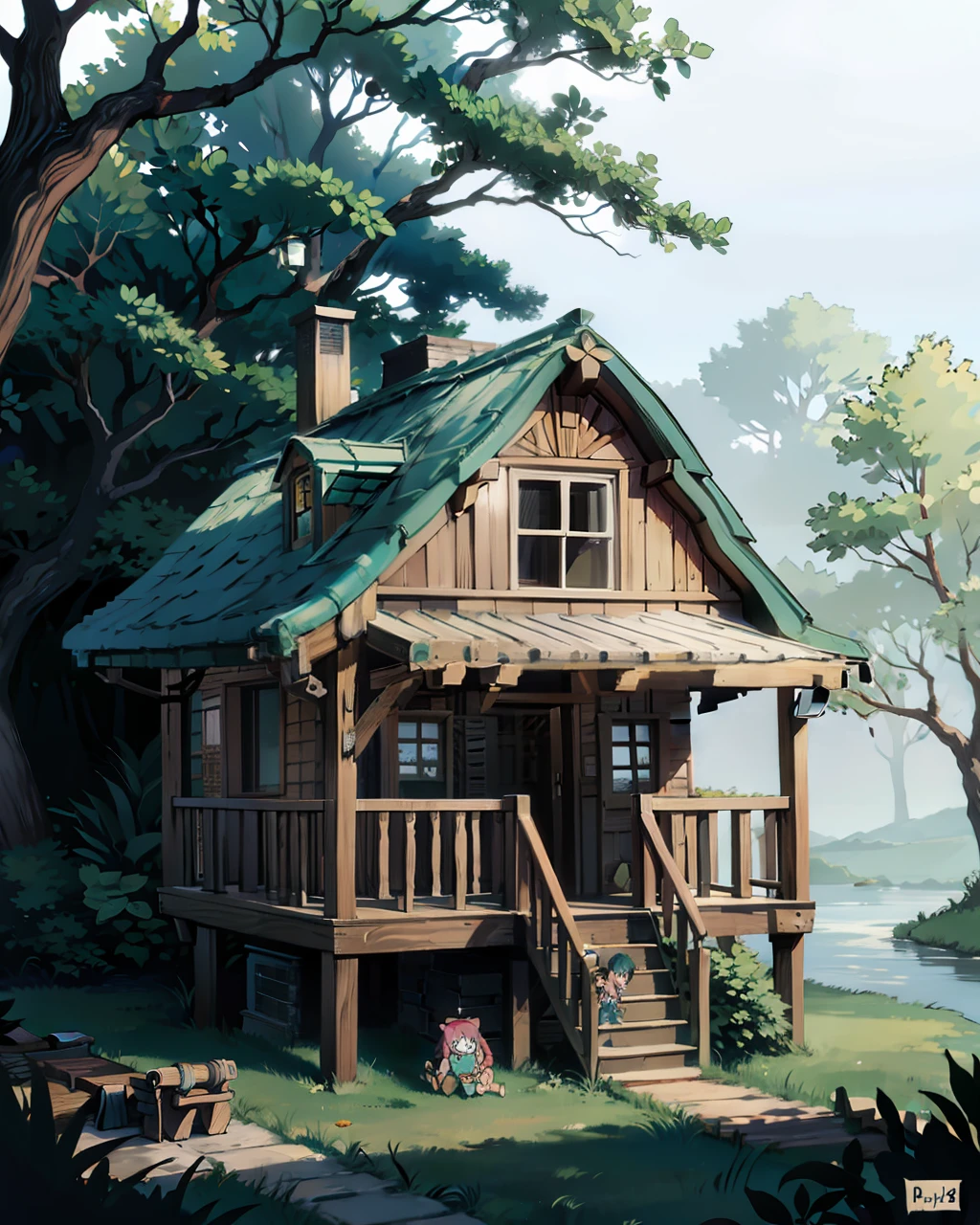 Zeichne ein Baumhaus mit spielenden Kindern