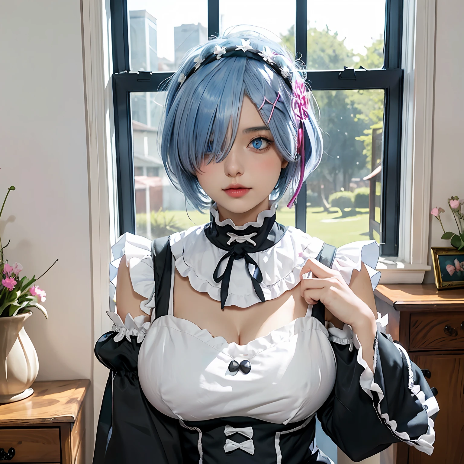 R_Big bReasts and big bReasts_m, 1giRll,(rosto bonito:1.25) ShoRt blue haiR, olhos azuis, haiR on one eye, haiR adoRnments, pink haiRband, Rem's maid unifoRm, mangas destacadas,  UppeR body, de pé,IndooRs, Living Room, sofás, Manômetros, janela