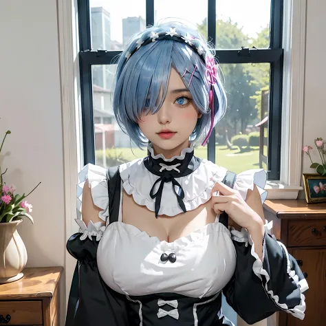 r_Big breasts and big breasts_m, 1girll,(Beautiful face:1.25) Short blue hair, Blue eyes, hair on one eye, hair adornments, pink hairband, rem's maid uniform, Detached sleeves,  Upper body, standing,Indoors, Living room, sofe, gauges, window