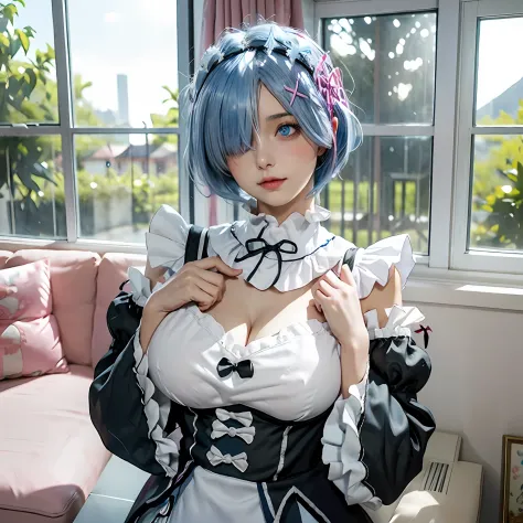 r_big breasts and big breasts_m, 1girll,(Beautiful face:1.25) Short blue hair, Blue eyes, hair on one eye, hair adornments, pink hairband, rem's maid uniform, Detached sleeves,  Upper body, standing,Indoors, Living room, sofe, gauges, window