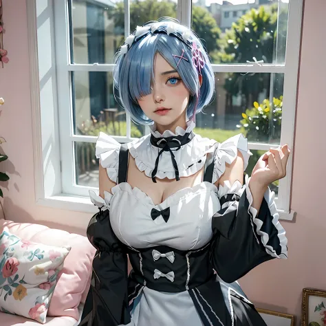 r_big breasts and big breasts_m, 1girll,(Beautiful face:1.25) Short blue hair, Blue eyes, hair on one eye, hair adornments, pink hairband, rem's maid uniform, Detached sleeves,  Upper body, standing,Indoors, Living room, sofe, gauges, window
