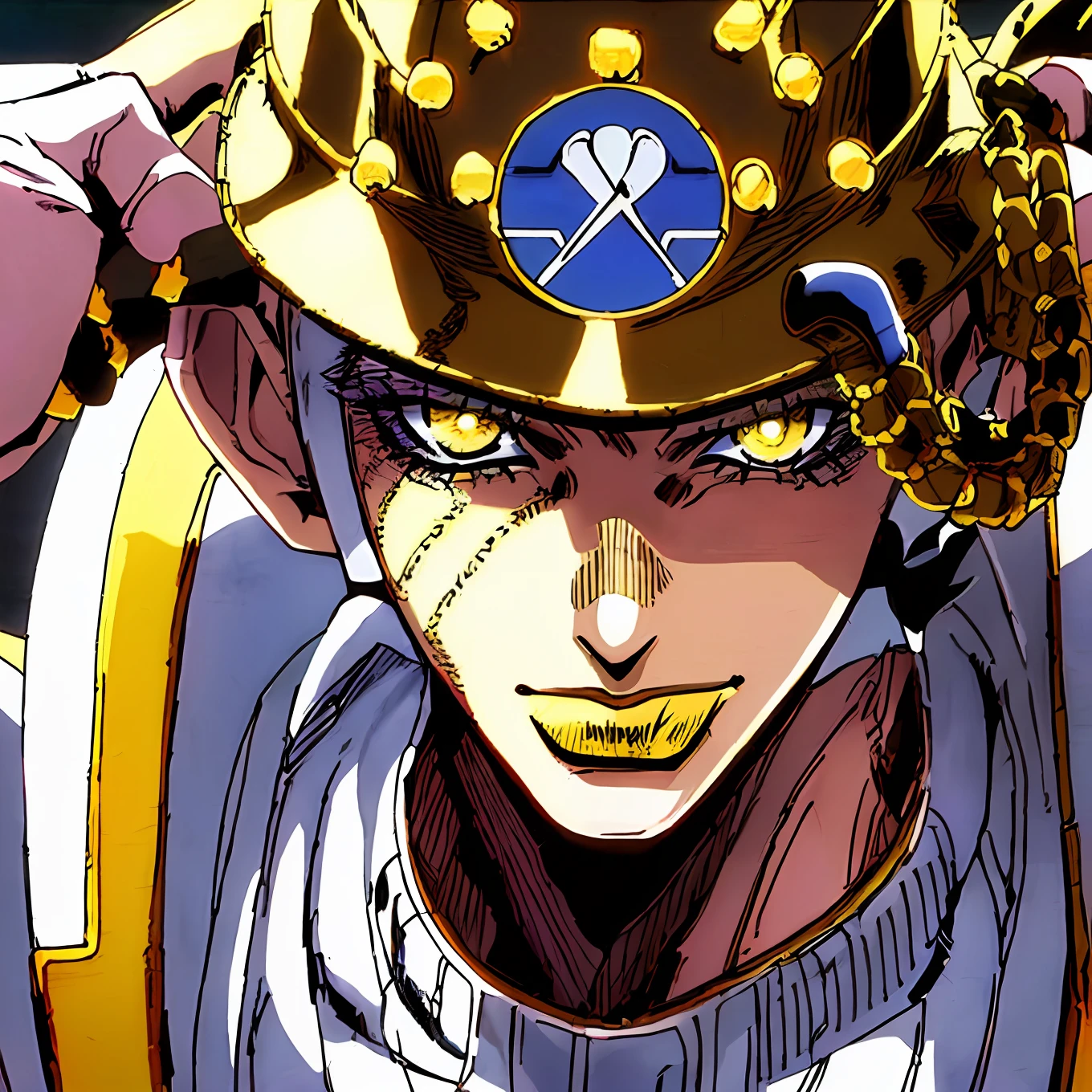 StoneOcean, Masterpiece, best quality, portrait, 1boy, pale skin, short black hair, yellow glowing eyes, grinning, cocky