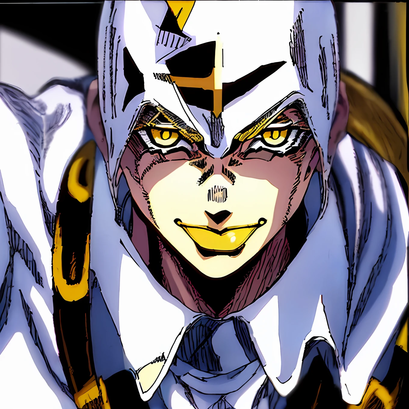 StoneOcean, Masterpiece, best quality, portrait, 1boy, pale skin, short black hair, yellow glowing eyes, grinning, cocky, white shirt, , skinny