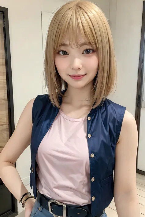 blond woman in a、shorth hair、Smaller chest、Short sleeve T-shirt in pink color、Wearing a navy sleeveless jacket over a t-shirt、We...