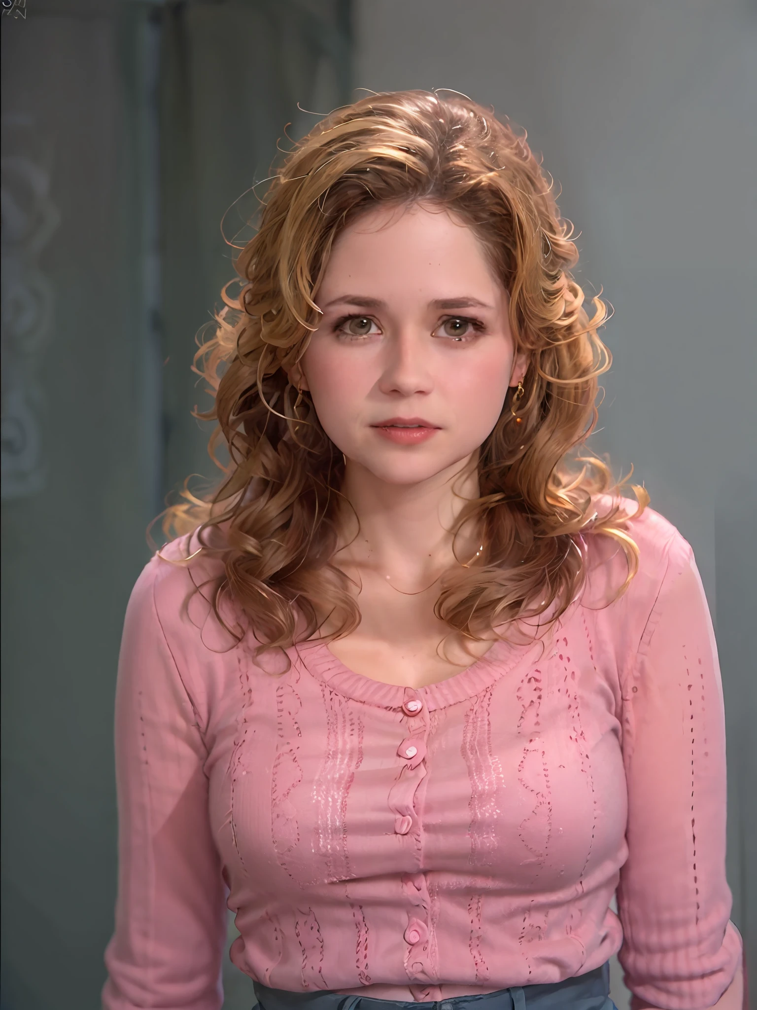 Photograph by Pam Beesly, Jenna Fischer, blusa blanca ajustada, Pink sweater desbotonadi, se ve su torso, small waist, cintura estrecha, minicintura, tetas grandes, bragas rosas, en la oficina, sexy, joven, cabello ondulado largo, ojos mirando al espectador, cara delgada, cuerpo entero, cuerpo perfecto