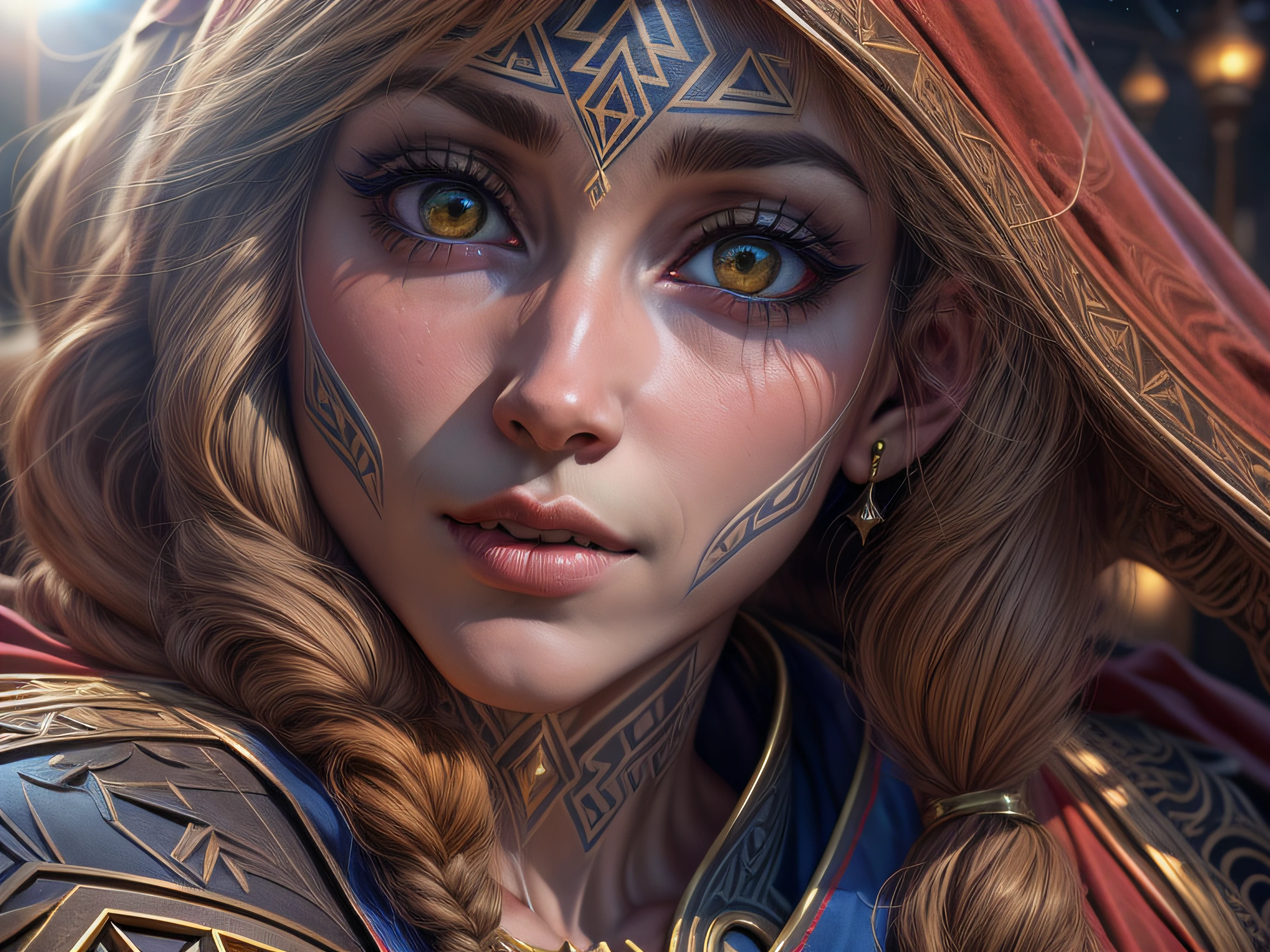 Closeup on an imposing Princess Zelda dressed as Supergirl in a glorious appearance, full of pride, victorious look, richly detailed, hyper realist, 3D-rendering, Masterpiece artwork, NVIDIA, RTX, ray-traced, bokeh, Night sky with a huge and beautiful full moon, shining stars, fields of the Kingdom of Hyrule,