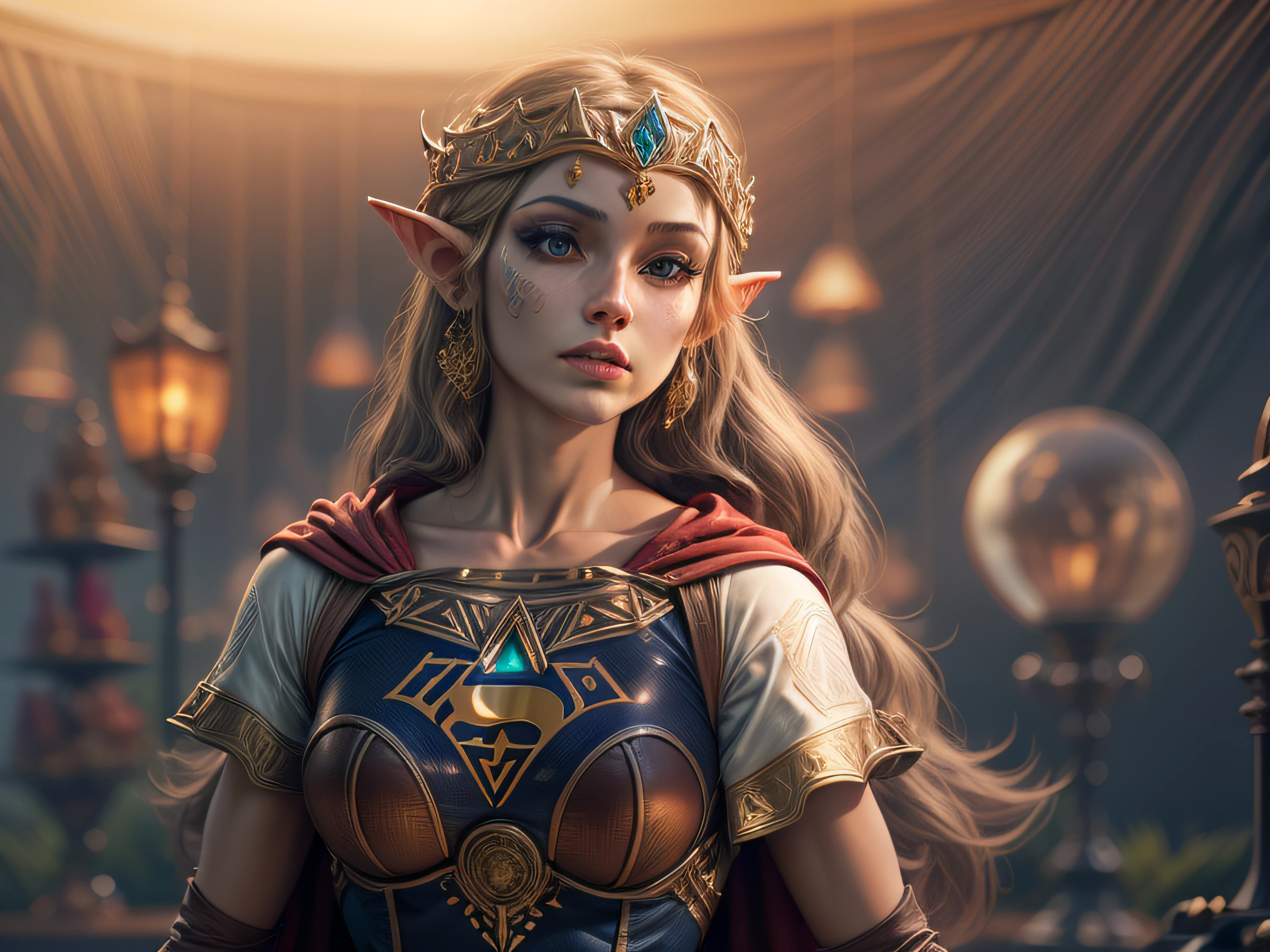 Closeup on an imposing Princess Zelda dressed as Supergirl in a glorious appearance, full of pride, victorious look, richly detailed, hyper realist, 3D-rendering, Masterpiece artwork, NVIDIA, RTX, ray-traced, bokeh, Night sky with a huge and beautiful full moon, shining stars, fields of the Kingdom of Hyrule,