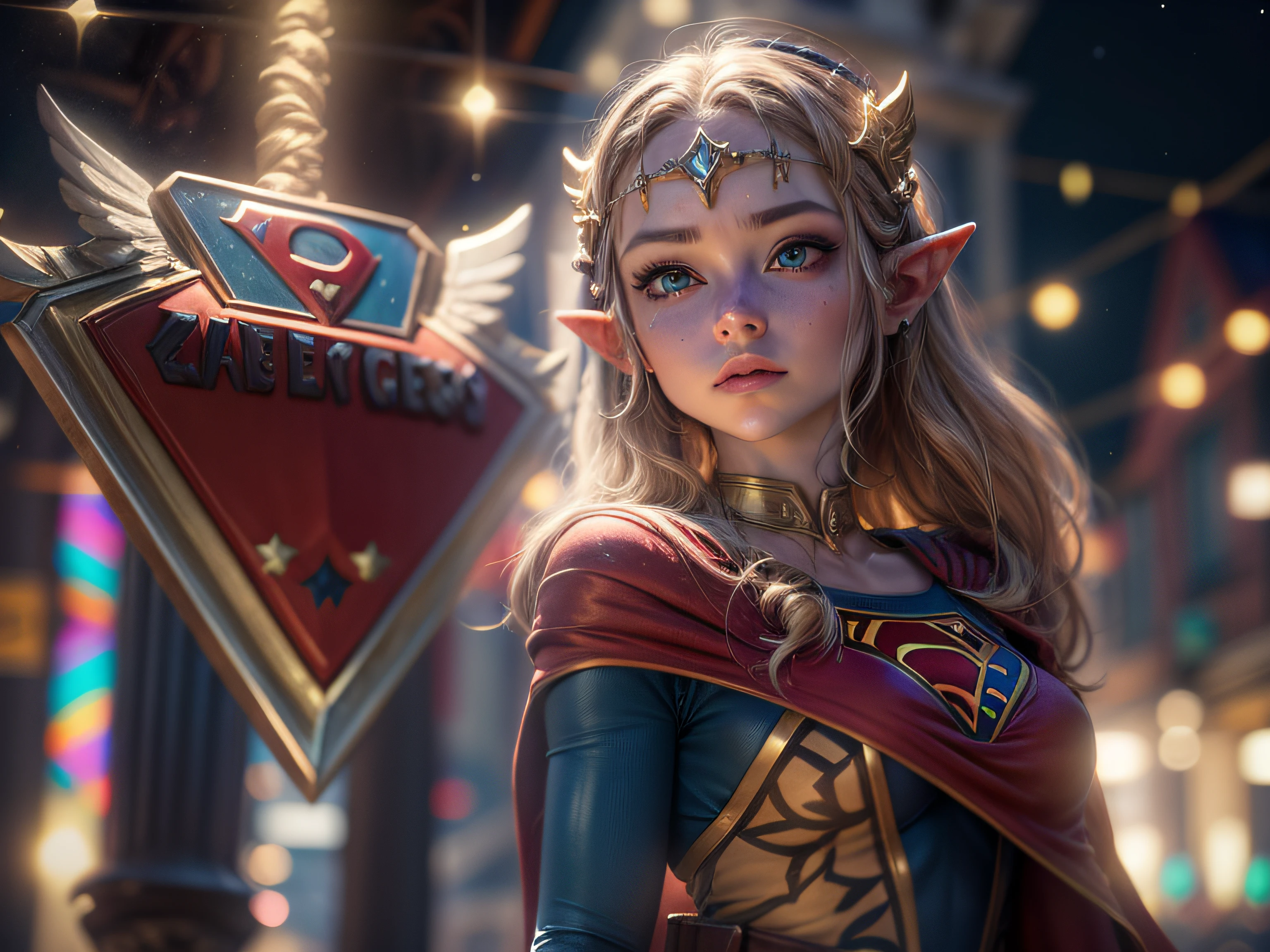 Closeup em uma imponente princesa Zelda vestida como Supergirl em uma aparência gloriosa, cheia de orgulho, olhar vitorioso, ricamente detalhada, Hiper realista, Renderização 3D, obra-prima, NVIDIA, RTX, traçado por raio, Bokeh, Céu noturno com uma enorme e linda lua cheia, estrelas brilhando, campos do Reino de Hyrule,