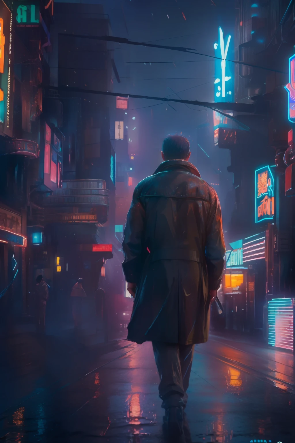 (masterpiece, ultra-high resolution:1.4) ,cityscape, night, ad neon, rain (Extremely Detailed Oil Painting:1.2), glow effects, godrays, Hand drawn, render, 8k, octane render, cinema 4d, blender, dark, atmospheric 4k ultra detailed, cinematic sensual, Sharp focus, humorous illustration, big depth of field, Masterpiece, colors, 3d octane render, 4k, concept art, trending on artstation, hyperrealistic, Vivid colors, extremely detailed CG unity 8k wallpaper, trending on ArtStation, trending on CGSociety, Intricate, High Detail, dramatic, a man walking on the rooftop
