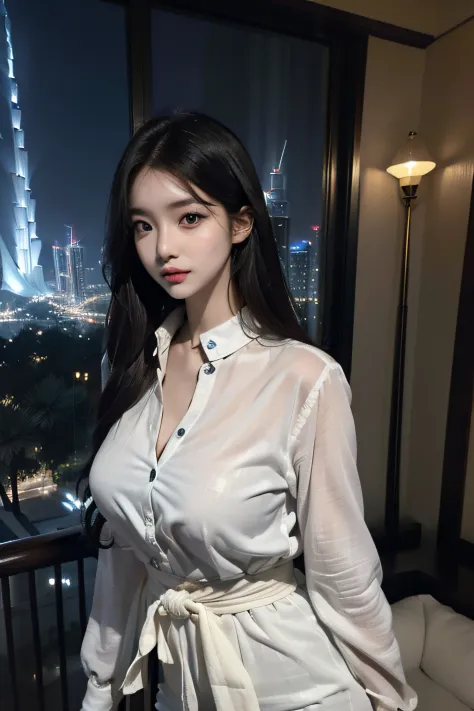 top-quality、​masterpiece、(Photorealsitic:1.4)、1girl in、Super Detailed Face、detailedeyes、Light smile、shirt with collar、from waist up、Dramatic Lighting、frombelow、Night view of Dubai from balcony in background、marina、