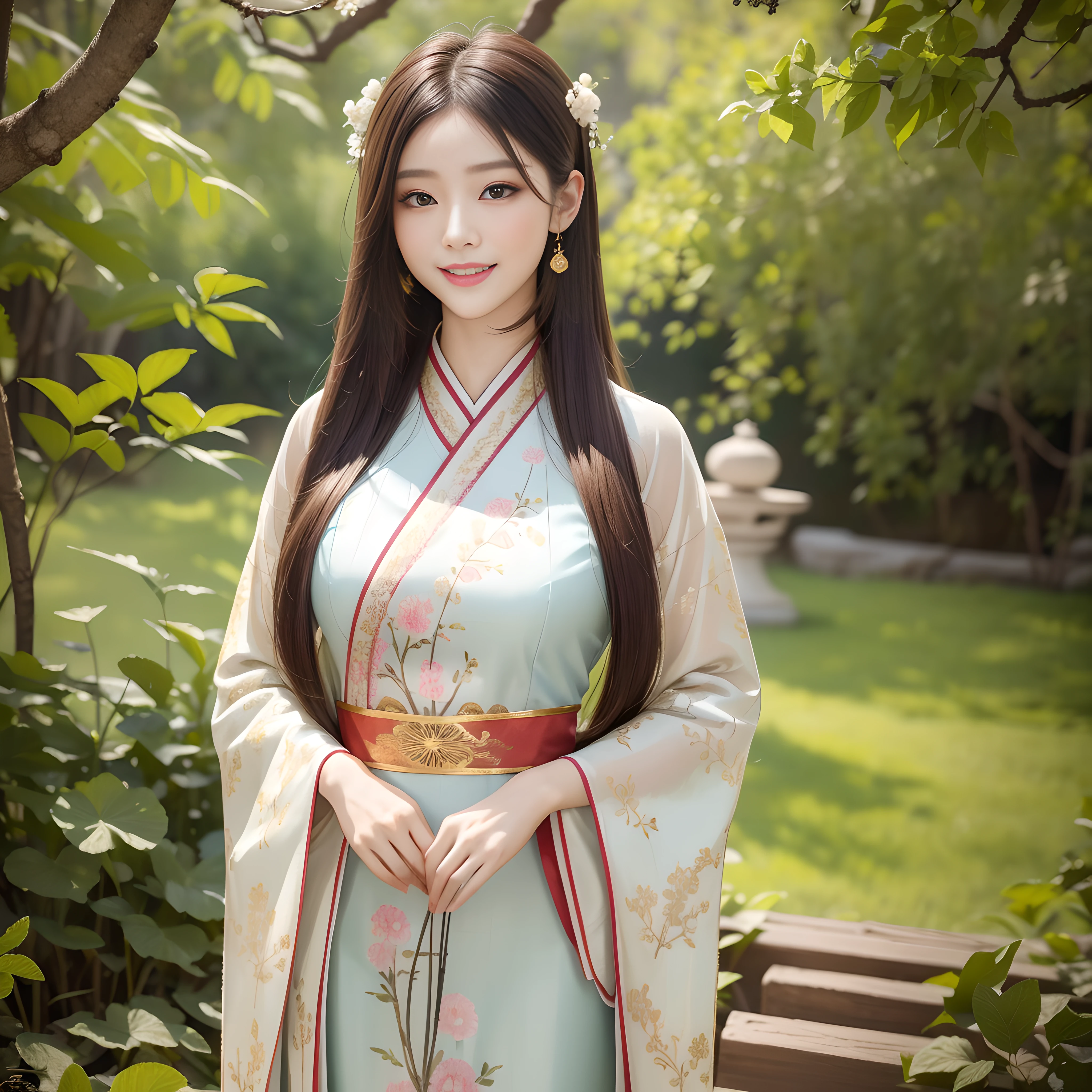 (中国の女の子の絵, 繊細な筆遣い, 落ち着いた色, 伝統的な中国のモチーフ, 優雅な美しさ), (漢服, 中国の伝統衣装, ゆったりとしたローブ, 繊細な刺繍, 落ち着いた色, 自然のパターン, 優雅な美しさ), (漢服, 中国の伝統衣装, ゆったりとしたローブ, 繊細な刺繍, 落ち着いた色, 自然のパターン, 優雅な美しさ), (8k, 最高品質, 傑作:1.2), (最高品質), (超高解像度:1. 0), クローズアップショット, ビューアを見る, 笑顔,  超微細メイク, 黄金比, パーフェクトアイズ