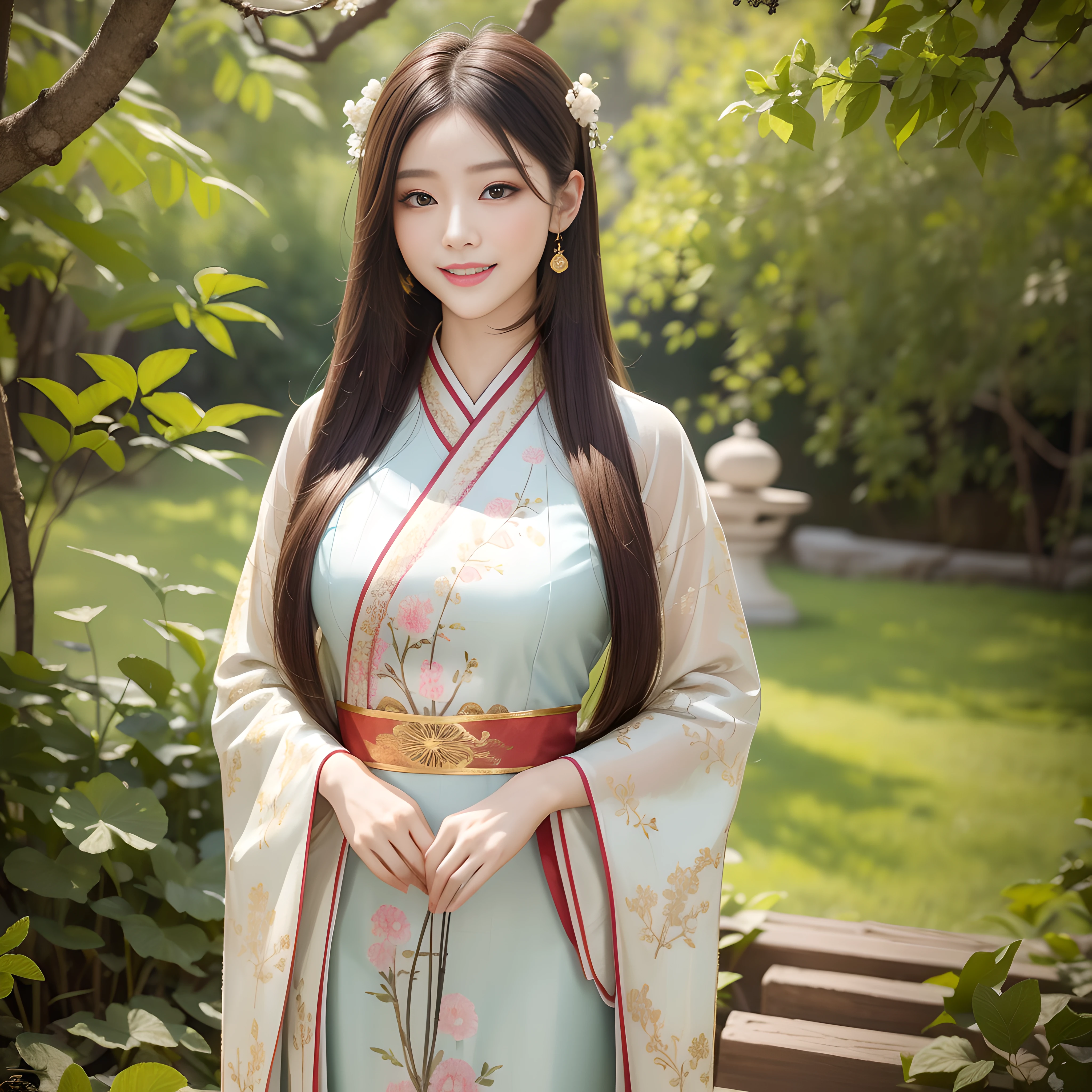 (pintura de menina chinesa, pinceladas delicadas, cores suaves, motivos chineses tradicionais, beleza elegante), (hanfu, roupas tradicionais chinesas, vestes esvoaçantes, bordado delicado, cores suaves, padrões da natureza, beleza elegante), (hanfu, roupas tradicionais chinesas, vestes esvoaçantes, bordado delicado, cores suaves, padrões da natureza, beleza elegante), (8K, melhor qualidade, Obra de arte:1.2), (melhor qualidade), (ultra alta resolução:1. 0), close-up, olhe para o visualizador, sorridente,  maquiagem ultrafina, proporção áurea, olhos perfeitos