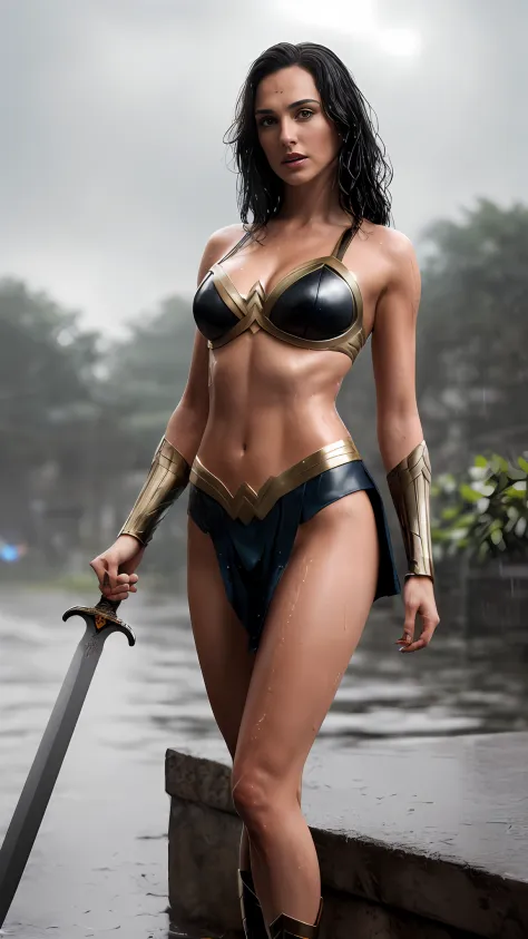 (( Gal gadot as wonder woman , wearing a  black color  wonder woman metal armor  :1.9 )), ((( posing with a sword,  rainy background: 1.6, ancient war island background :1.5)) ((  , looking at the viewers  ,  , fit muscular body , flat chest:1.5 , tall wom...