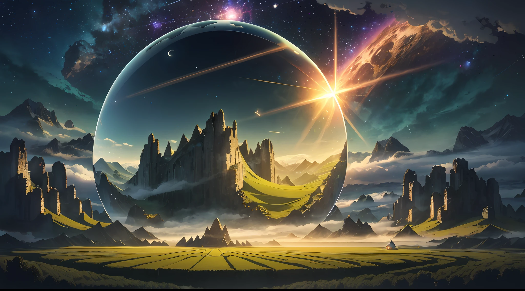 A giant mirror sphere floating in space, flickering lights, sad hamster lost (heaven like green fields surrounded by high mountains and clouds:1.3), particles in the air, god rays, stars in the background, intricate fractals, detailed, (illustration), masterpiece, high resolution, best quality.