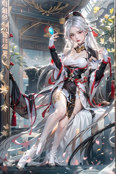 photorealistic, high resolution, 1women, solo, hips up, look at viewer, (detailed face), narrow waist, closed lips, white hair, long hair,ganyu \(genshin impact\), bangs, bare shoulders, bell, black gloves, black pantyhose, blush, breasts, chinese knot, ho...