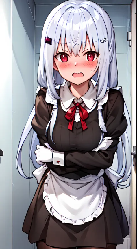 girls, maid clothes, white hair, long hair, bathroom, embarrassed, flushed cheeks, surprised