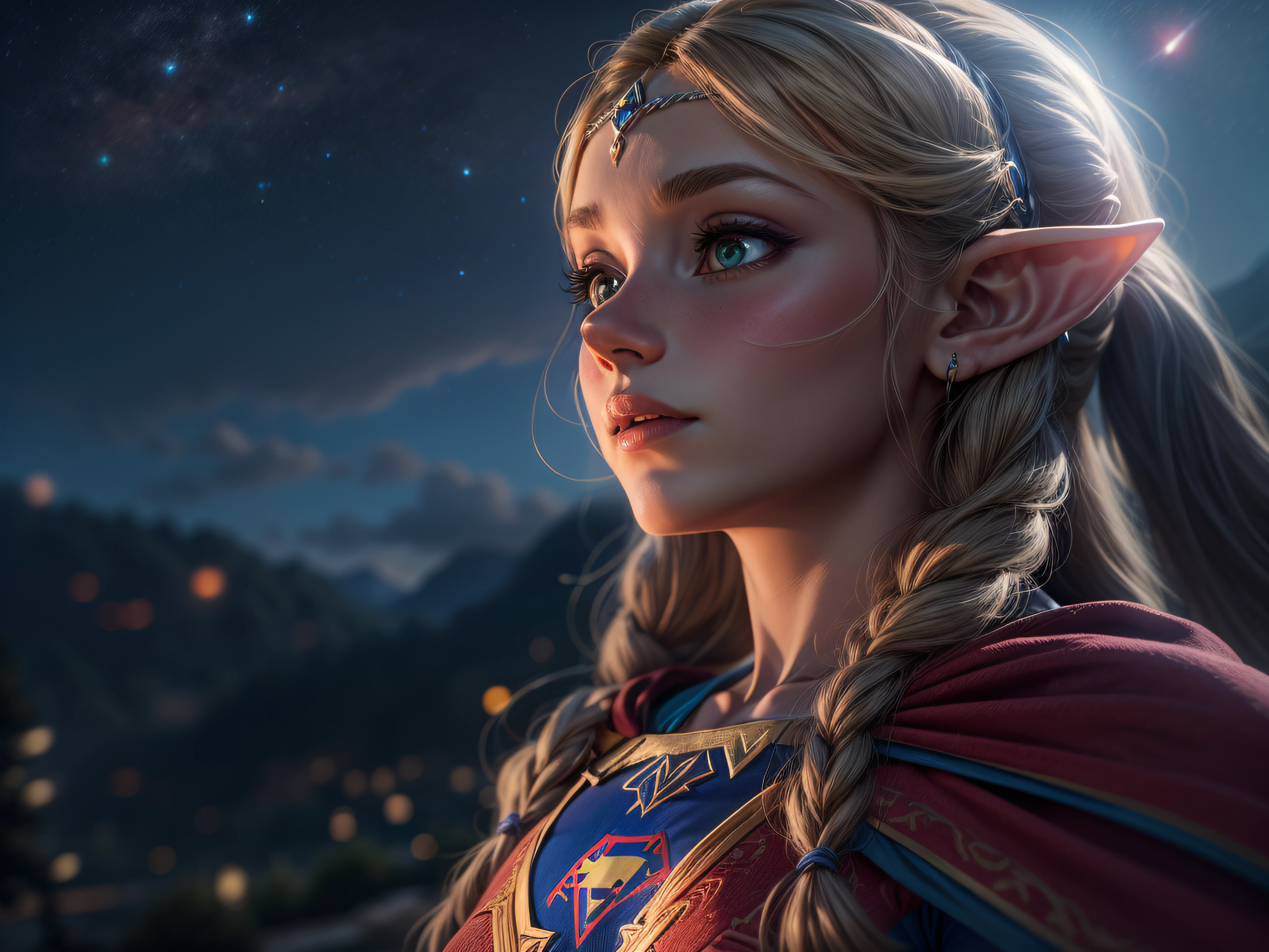 Closeup em uma imponente princesa Zelda vestida como Supergirl em uma aparência gloriosa, cheia de orgulho, olhar vitorioso, ricamente detalhada, Hiper realista, Renderização 3D, obra-prima, NVIDIA, RTX, traçado por raio, Bokeh, Céu noturno com uma enorme e linda lua cheia, estrelas brilhando, campos do Reino de Hyrule,