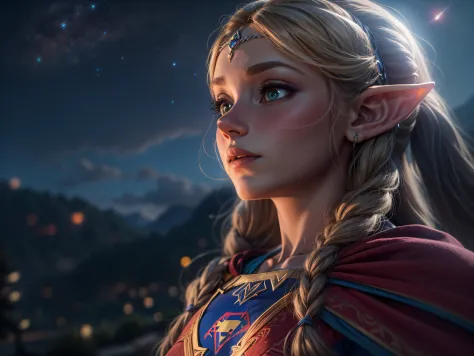 Closeup on an imposing Princess Zelda dressed as Supergirl in a glorious appearance, cheia de orgulho, olhar vitorioso, ricament...