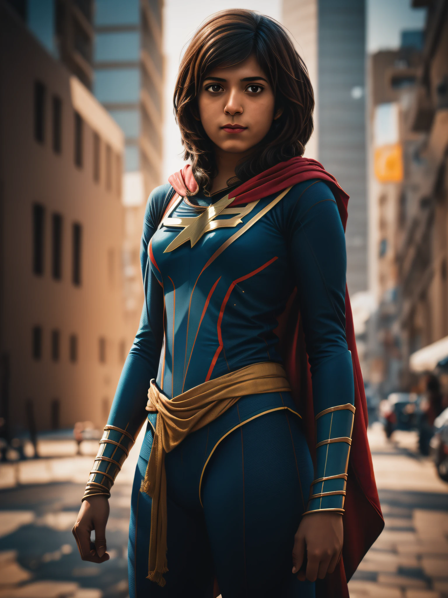 ((Kamala Khan de la série"MS. merveille")), inspiré par Iman Vellani, autoportrait hyper réaliste, 8k euh, Reflex numérique, grain de film, peinture photoréaliste Fujifilm XT3 art à mi-parcours, ((tout le corps)),